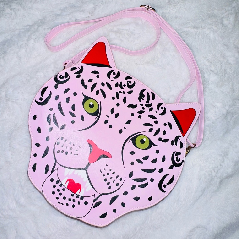 Pink Novelty Leopard Face Crossbody Bag